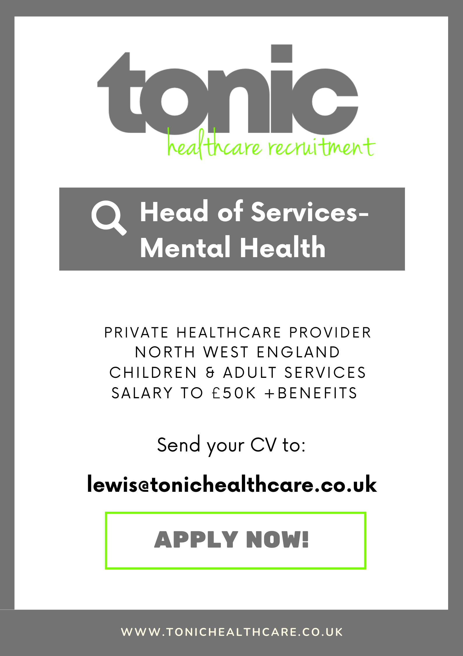 Featured management vacancy of the week Tonic Healthcare Recruitment